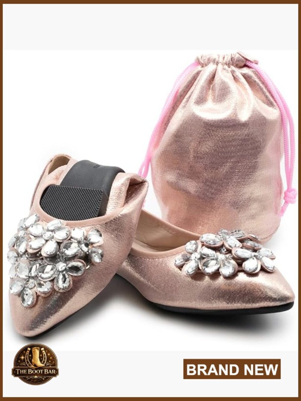 Foldable Ballet Flats for Women - Crystal Pointed Toe Travel Shoes